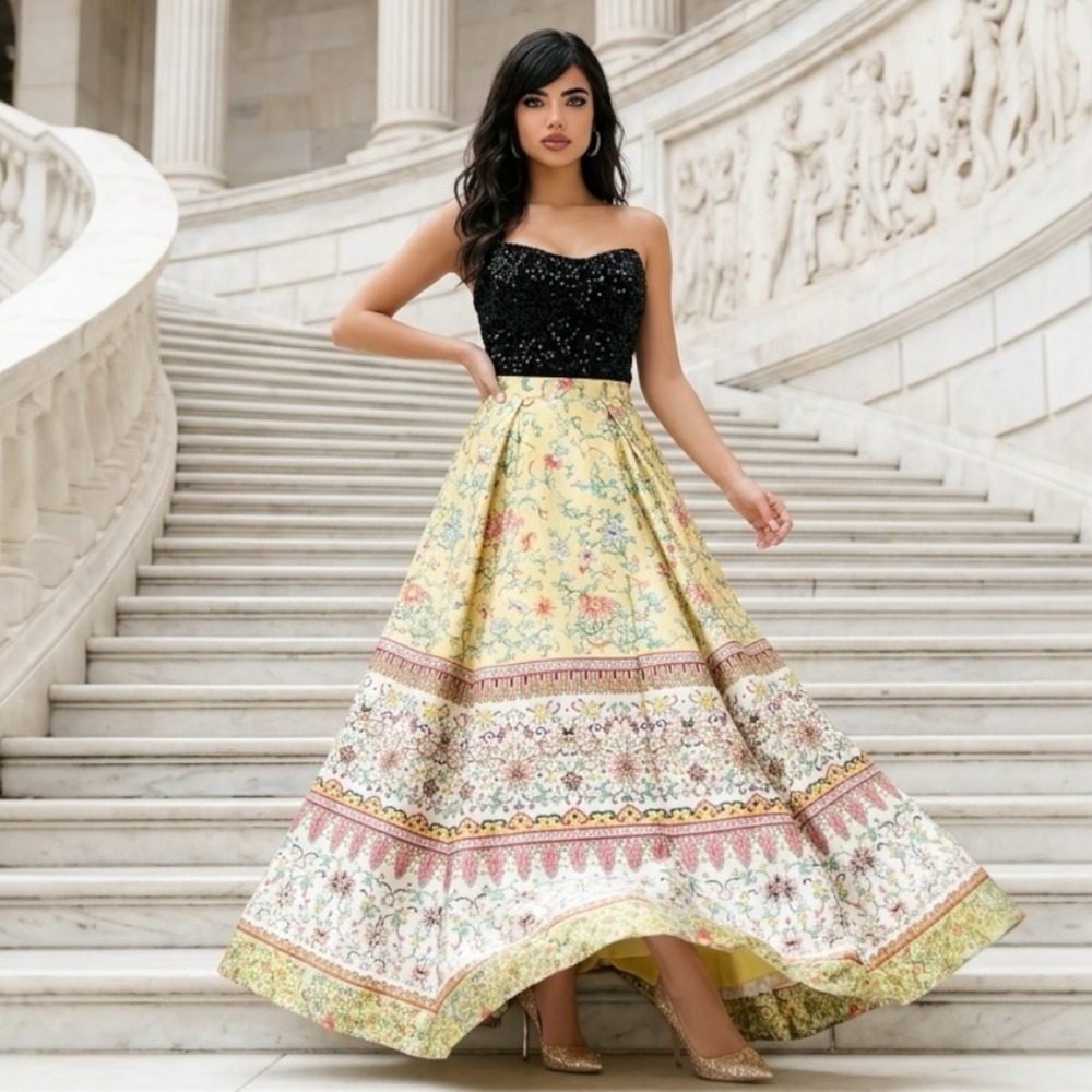 Sherri Hill Floral Paisley Border Print Satin Maxi Skirt High Waisted Size 6